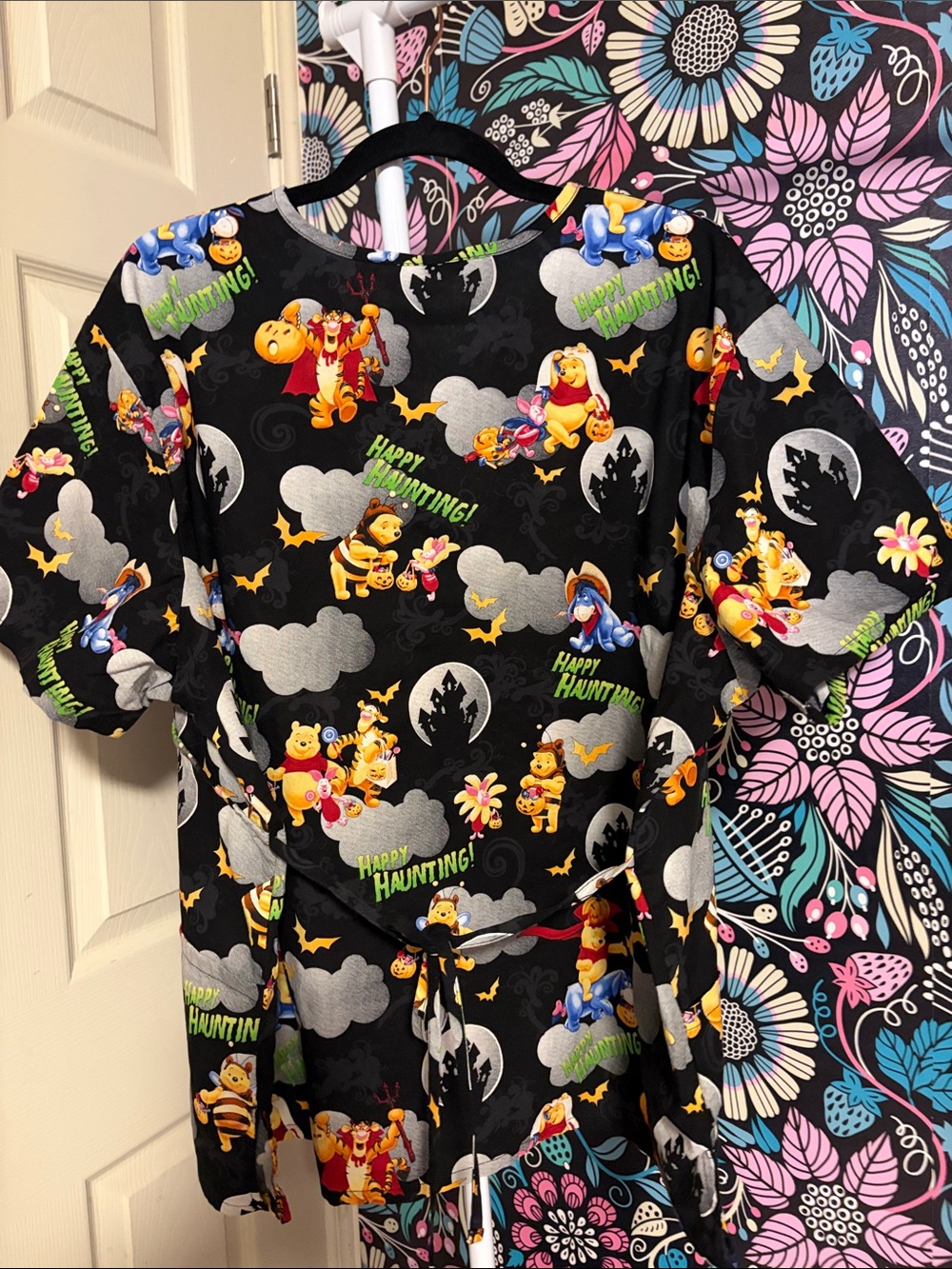 Disney Black Winnie the Pooh Halloween Scrub Top with Yellow & Orange Accents - Picture 4 of 4